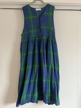 Sleeveless Plaid Midi Dress in Blue and Green with Button Front